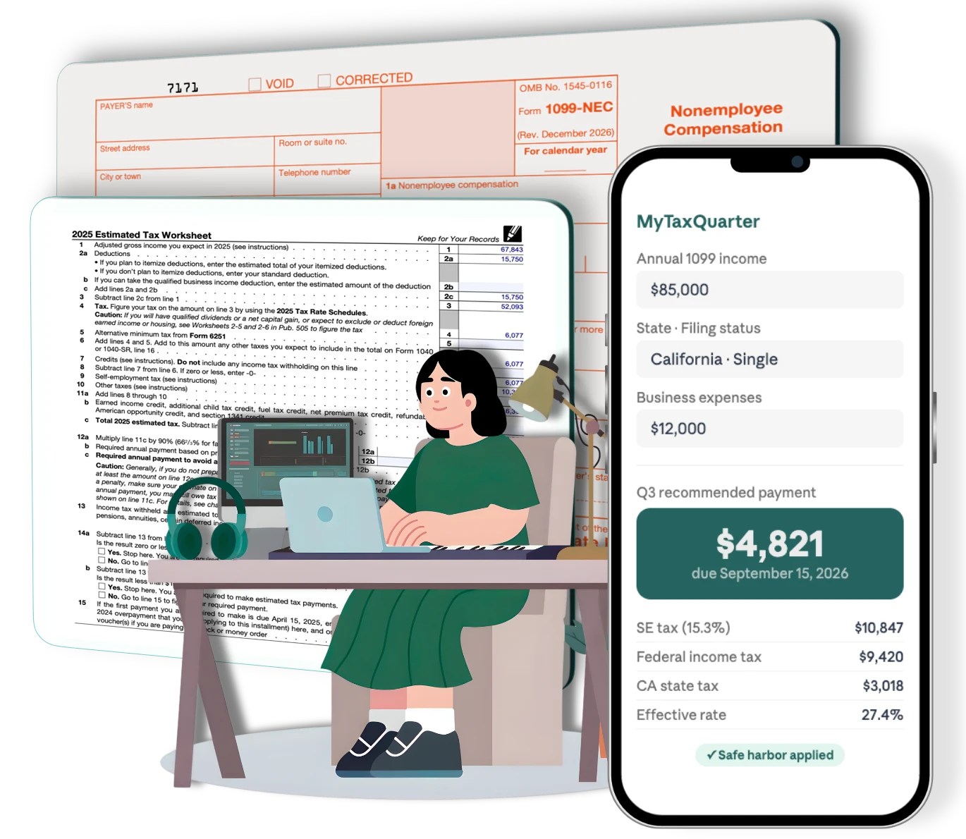 MyTaxQuarter tax calculator on mobile showing quarterly payment breakdown
